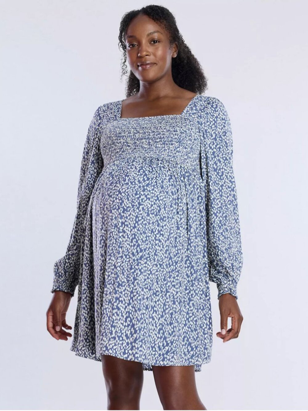 Motherhood Maternity Smocked Mini Dress Size Medium NWT Navy Ivory Long Sleeve